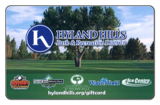 Hyland Hills logo, five logos of companies associated with hyland hills, over greens of a golf course with large tree in cent